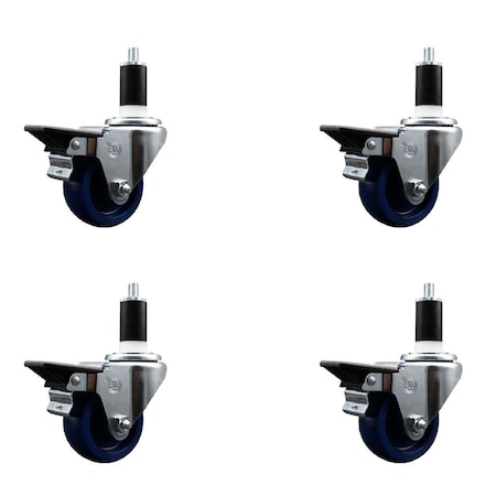 Service Caster 3'' Solid Poly Swivel 1-3/8'' Expanding Stem Caster Set with Brake, 4PK SCC-EX20S314-SPUS-PLB-138-4